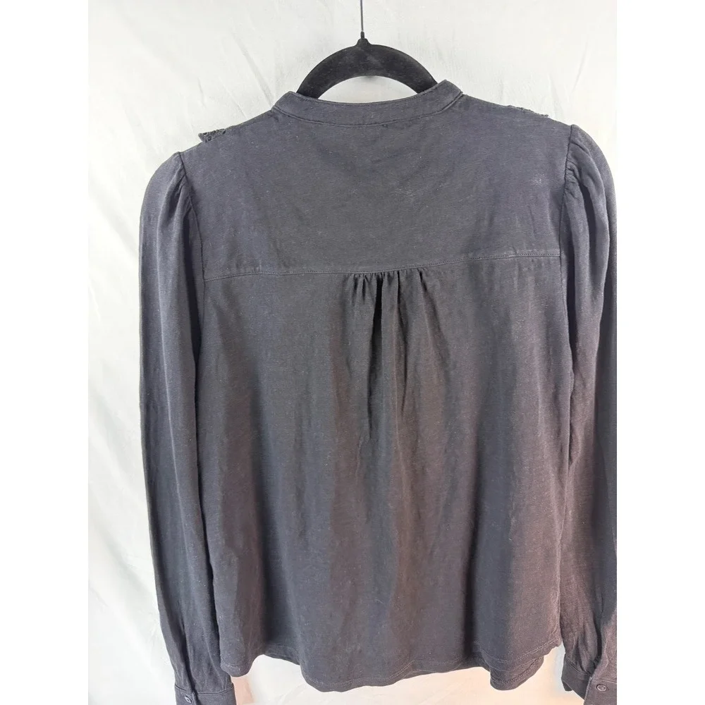 Boden Black Cotton Slub Lace Ruffle Button Front Top US 8 UK 12 Victorian Style